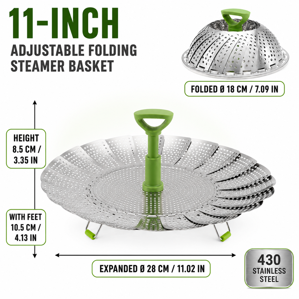 𼌠3-in-1 Adjustable Folding Steamer Basket â Steam, Rinse & Serve