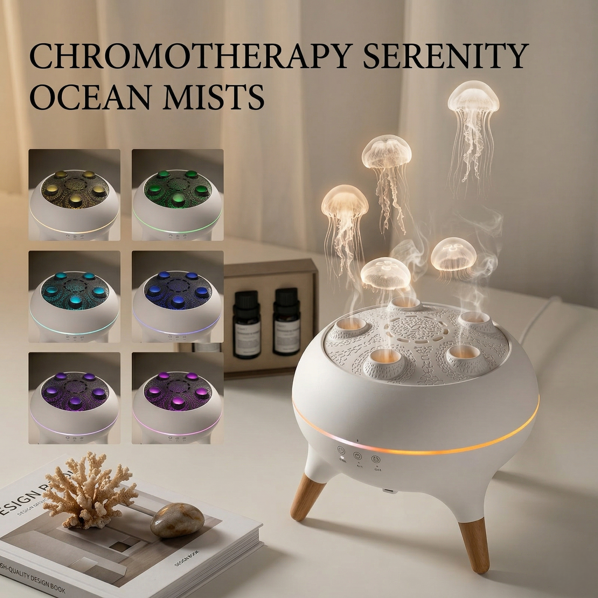 Chromotherapy Serenity Ocean Mists device with jellyfish lights on a table.