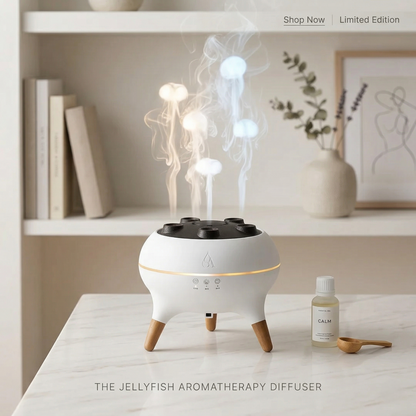 Jellyfish aromatherapy diffuser on a table with a bottle of essential oil and a spoon in a home setting.