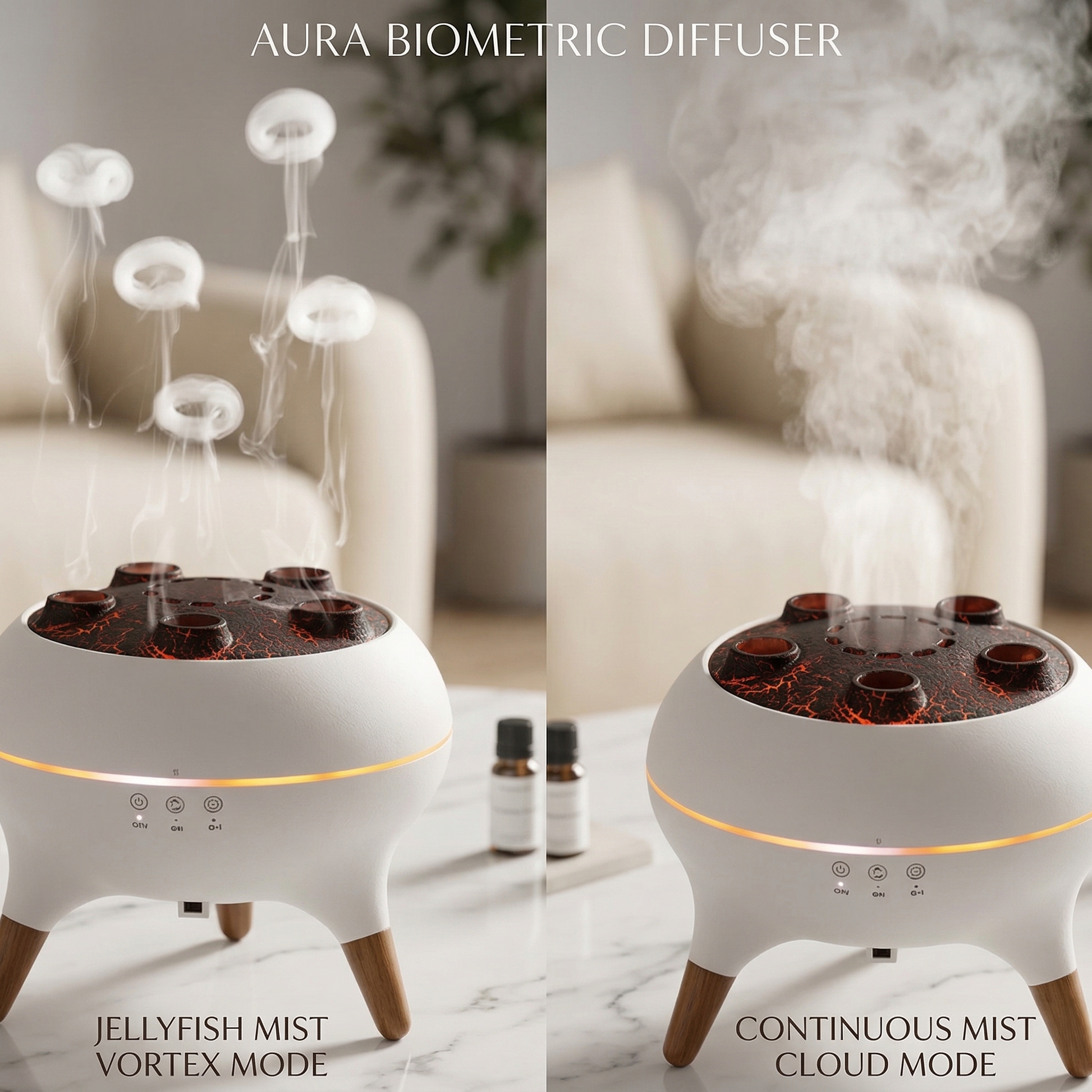 Aura biometric diffuser with 'Jellyfish Mist Vortex Mode' and 'Continuous Mist Cloud Mode' on a marble surface.