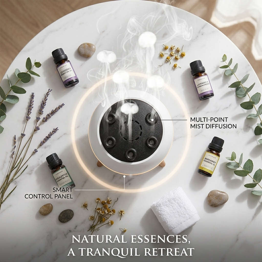Diffuser with essential oil bottles and natural elements on a marble surface