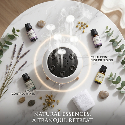 Diffuser with essential oil bottles and natural elements on a marble surface