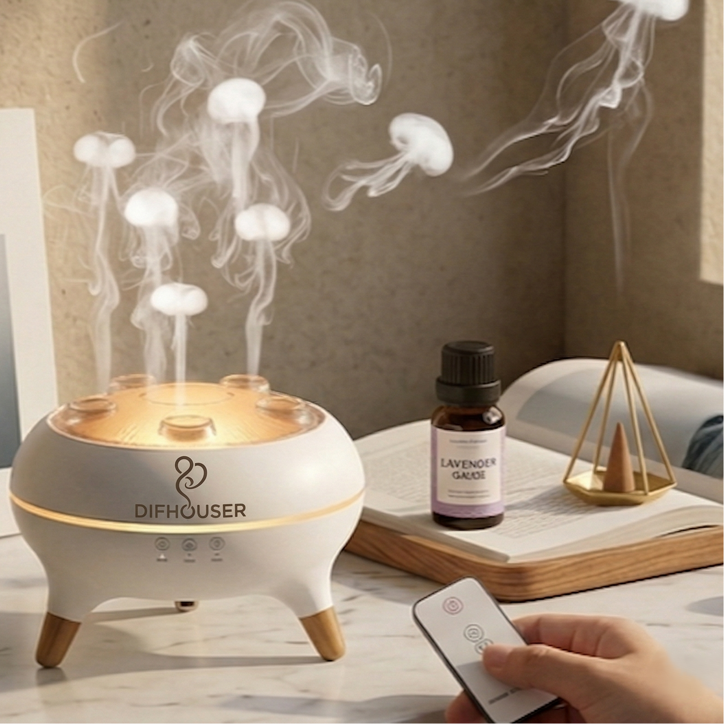 Diffuser emitting steam with a bottle of essential oil and a book titled 'Deep Harmony' in the background.