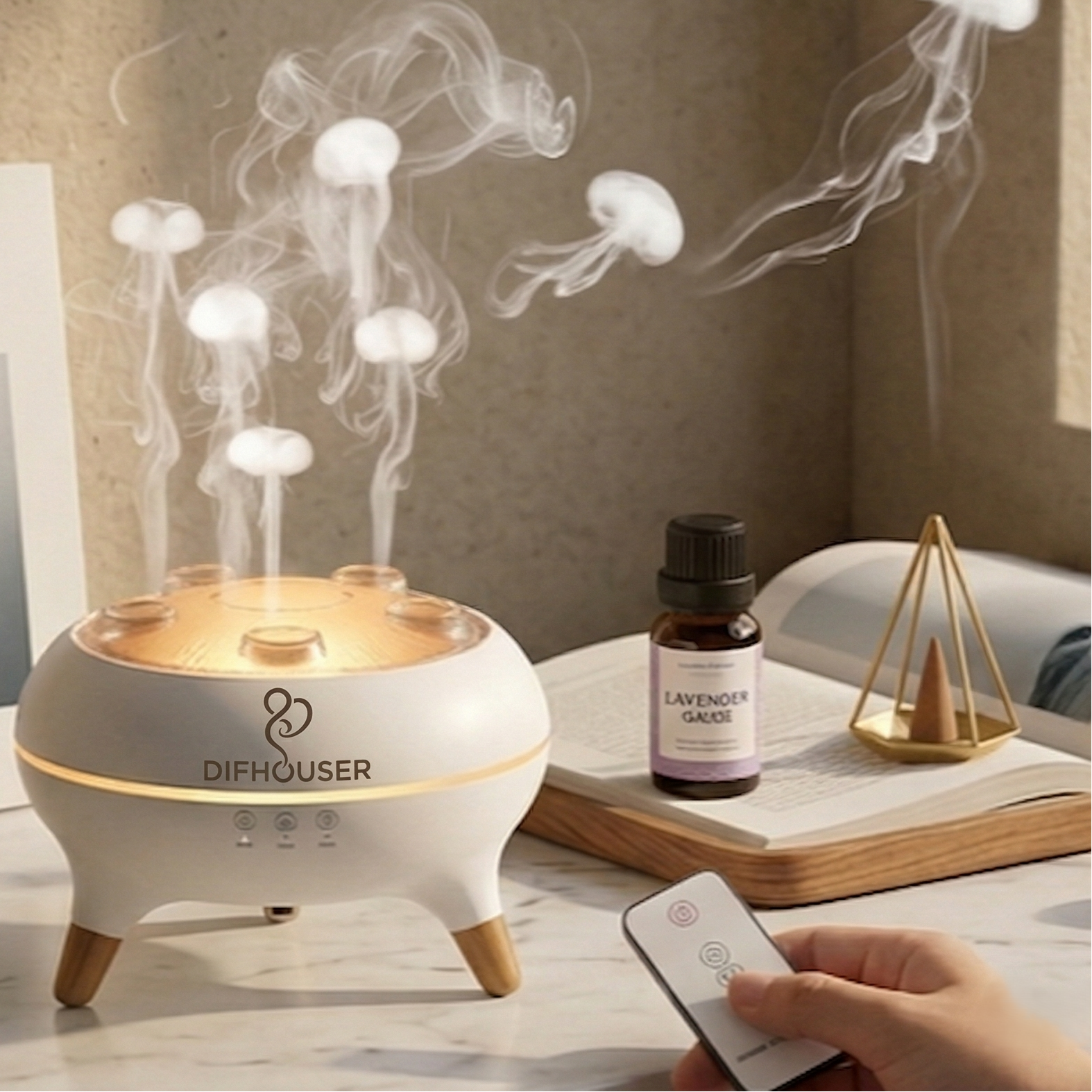 Diffuser emitting steam with a bottle of essential oil and a book titled 'Deep Harmony' in the background.