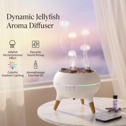 Dynamic Jellyfish Aroma Diffuser on a table with colorful lighting effects