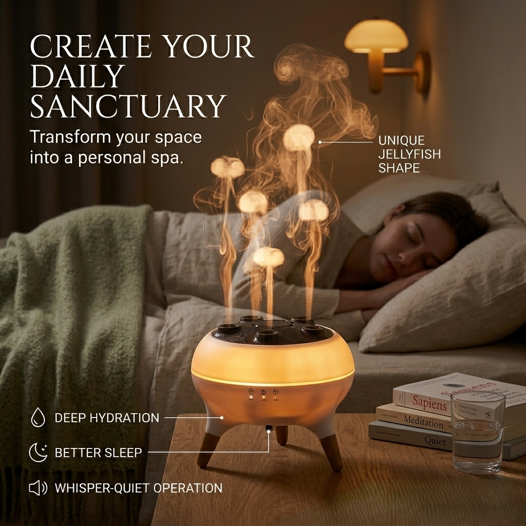 Woman lying on a bed with a glowing device resembling jellyfish, creating a relaxing atmosphere.